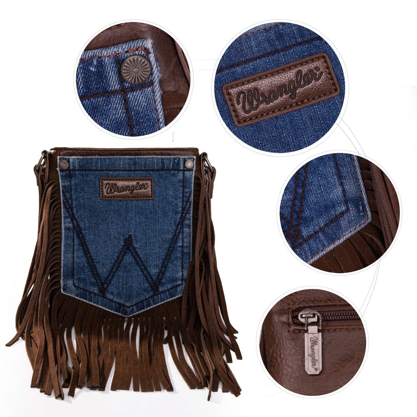 Montana West - Wrangler Leather Fringe Denim Pocket Crossbody