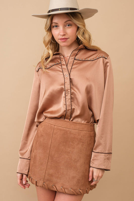 Western Satin Luxe Detail Studded Blouse