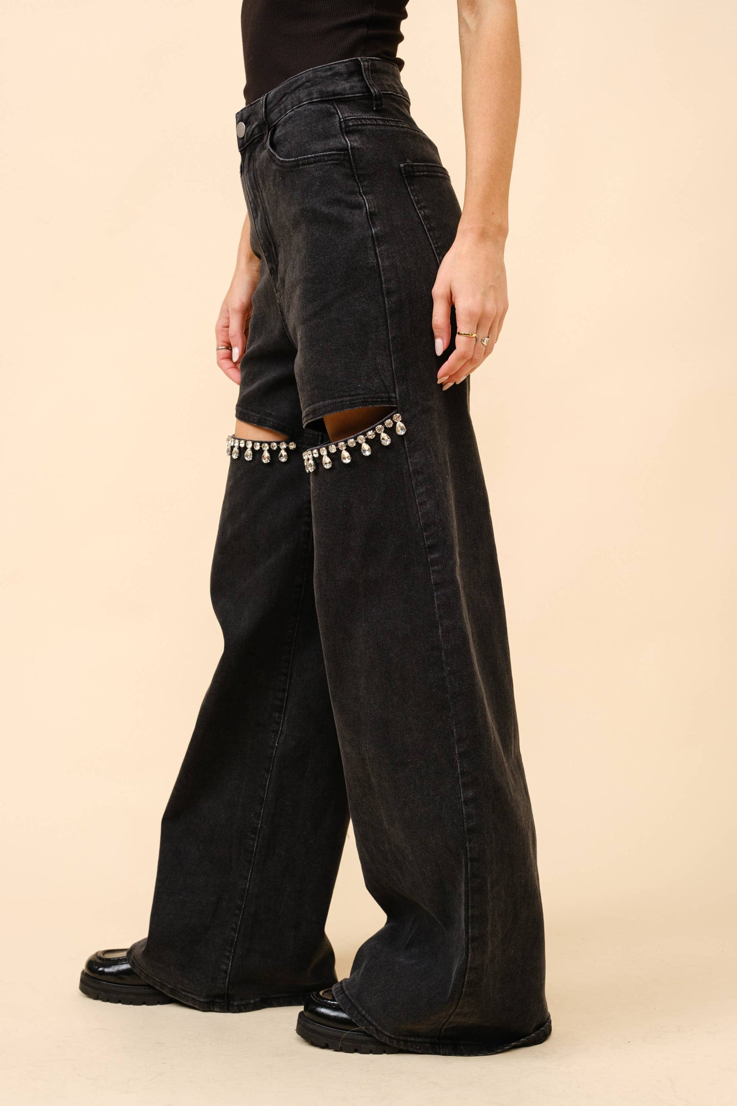 Mid Rise Crystal Peekaboo Denim Jeans