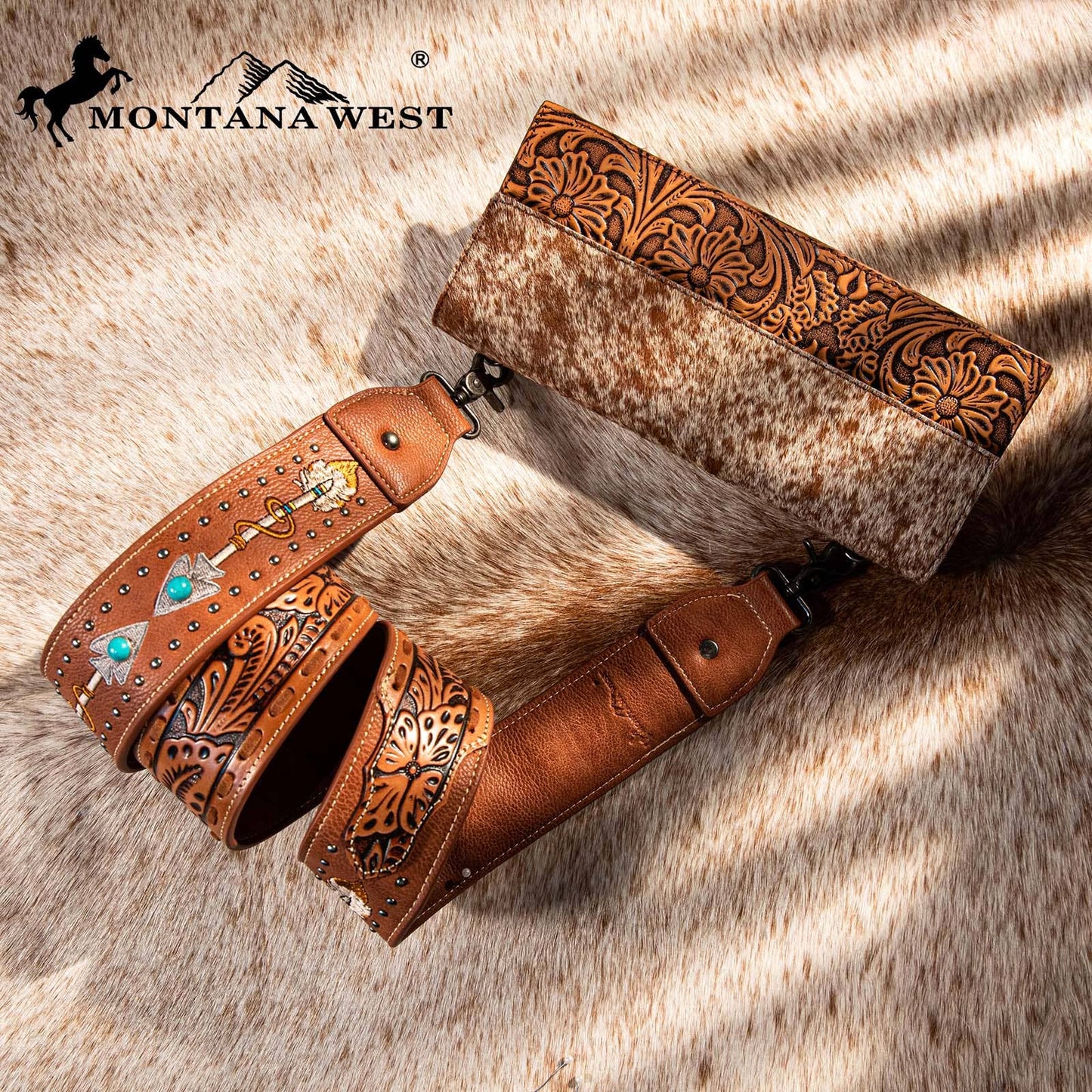 Montana West Floral Tooled Arrow Guitar Strap - Brown