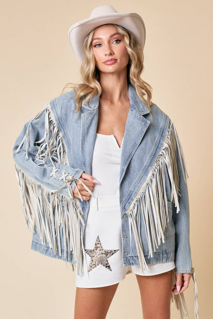 Light Wash Fringed Thick Denim Oversized Jacket