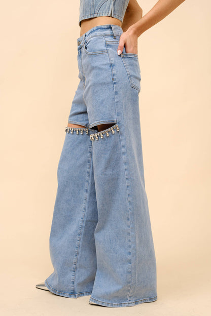 Mid Rise Crystal Peekaboo Denim Jeans