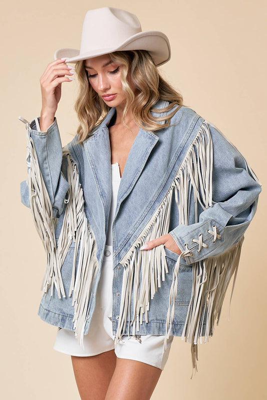 Light Wash Fringed Thick Denim Oversized Jacket