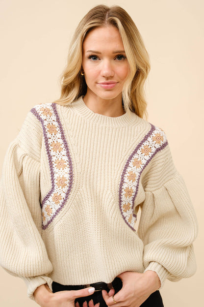 The Donna Crochet Inset Balloon Sleeve Sweater