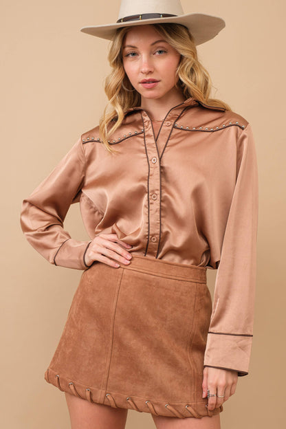 Western Satin Luxe Detail Studded Blouse