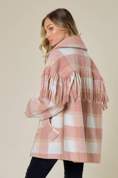 Blush Thick Plaid Fringe Shacket