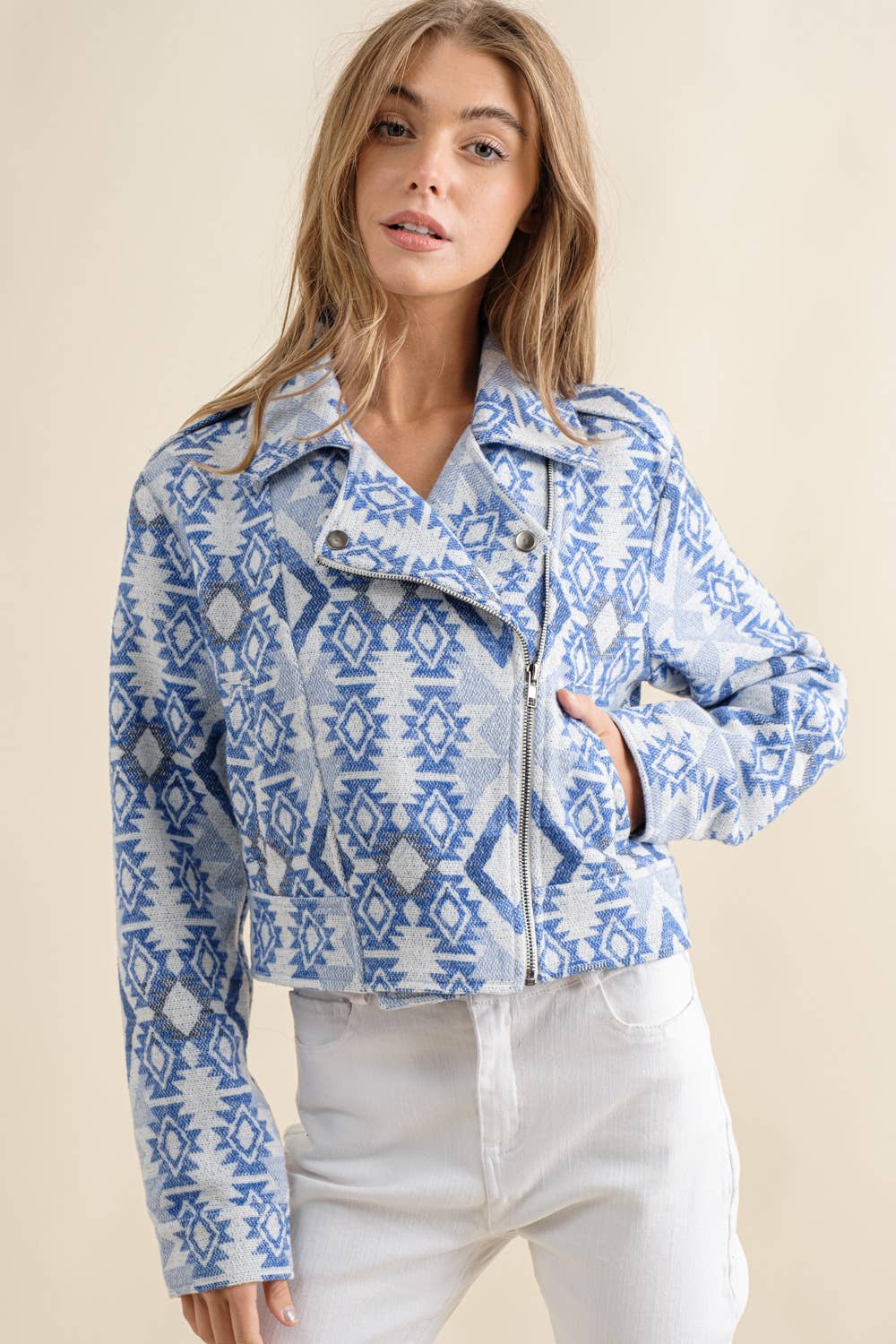 Exclusive Jacquard Aztec Crop Moto Jacket