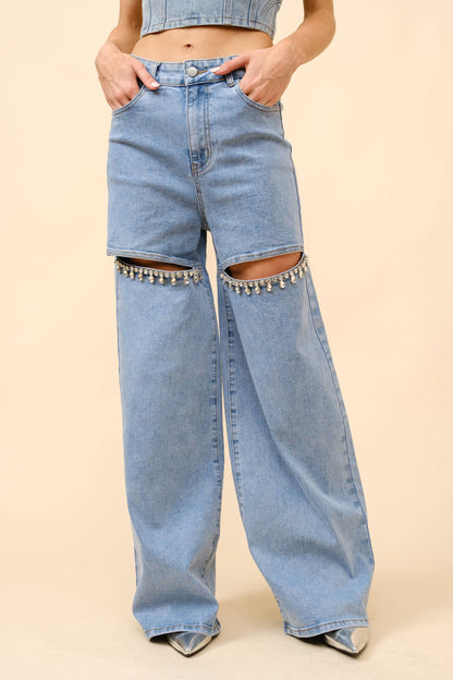 Mid Rise Crystal Peekaboo Denim Jeans