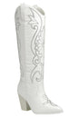 White High Rise Cowgirl Boots with Silver Boot Stitch Detailing