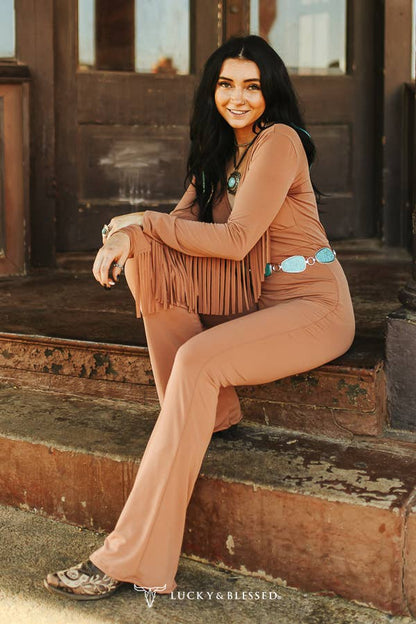 LUCKY & BLESSED - Brown Long Sleeve Fringe Jumpsuit