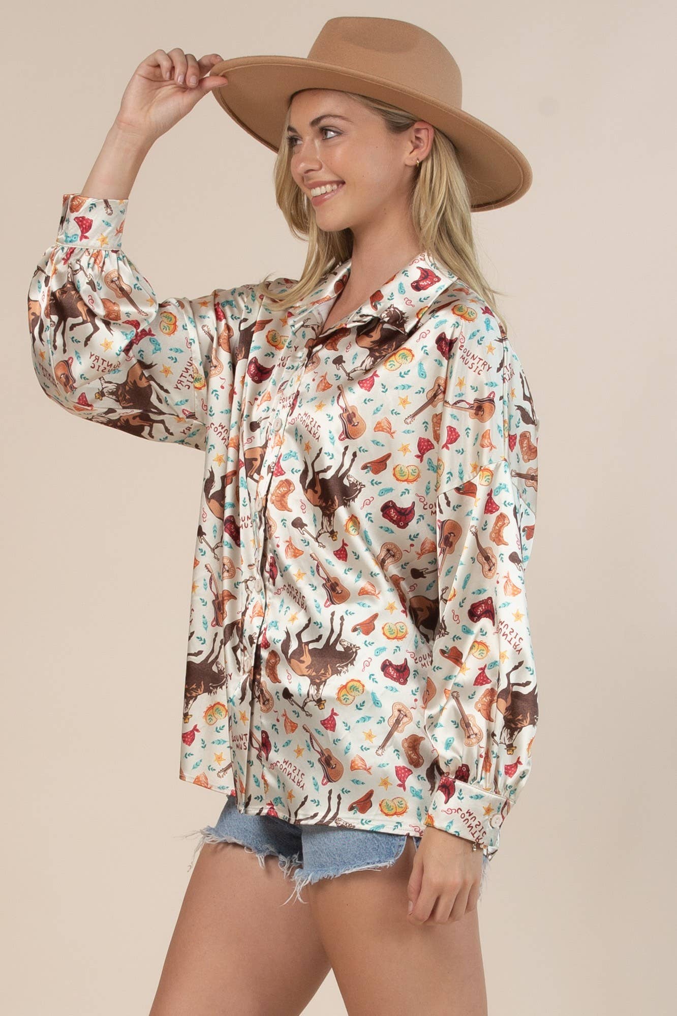 Satin Cowboy Print Luxe Button Down Top