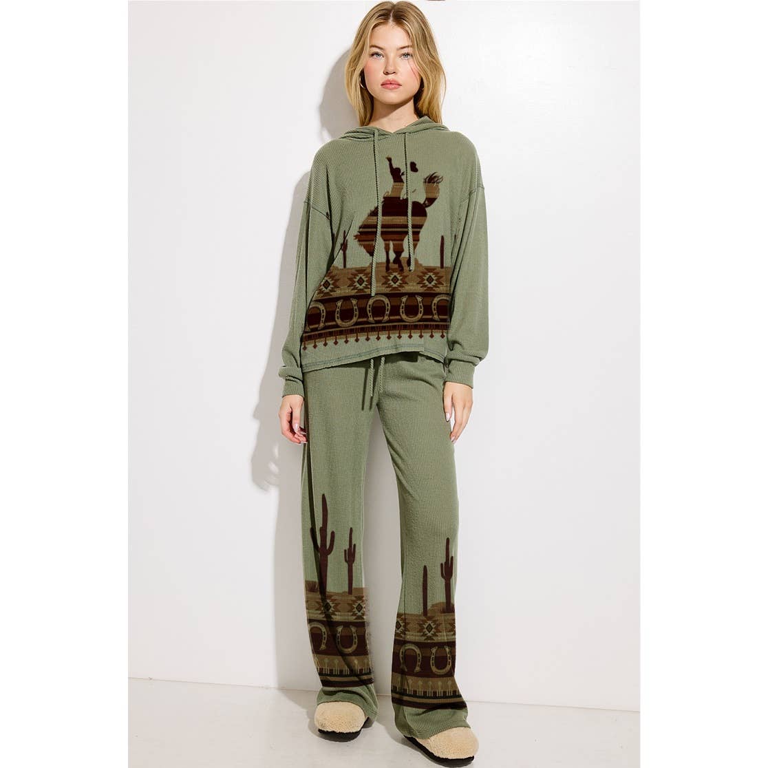 Western cowboy Print Rib Hoodie Loungewear Set