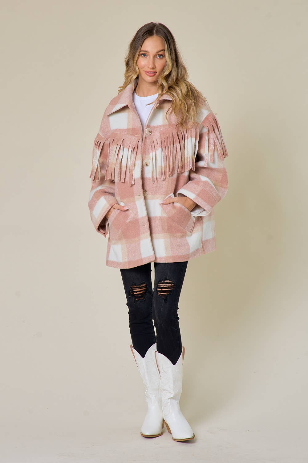 Blush Thick Plaid Fringe Shacket