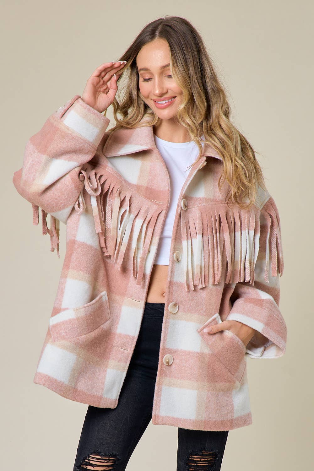 Blush Thick Plaid Fringe Shacket