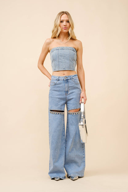 Mid Rise Crystal Peekaboo Denim Jeans