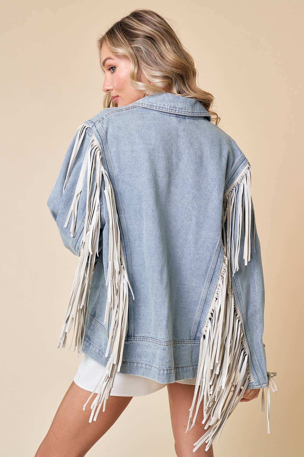 Light Wash Fringed Thick Denim Oversized Jacket