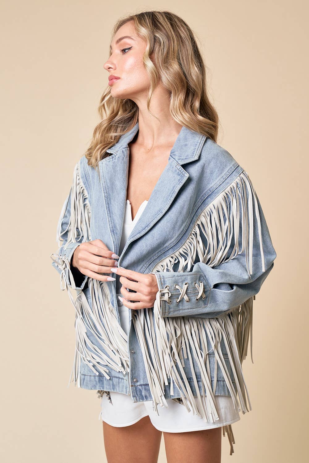 Light Wash Fringed Thick Denim Oversized Jacket