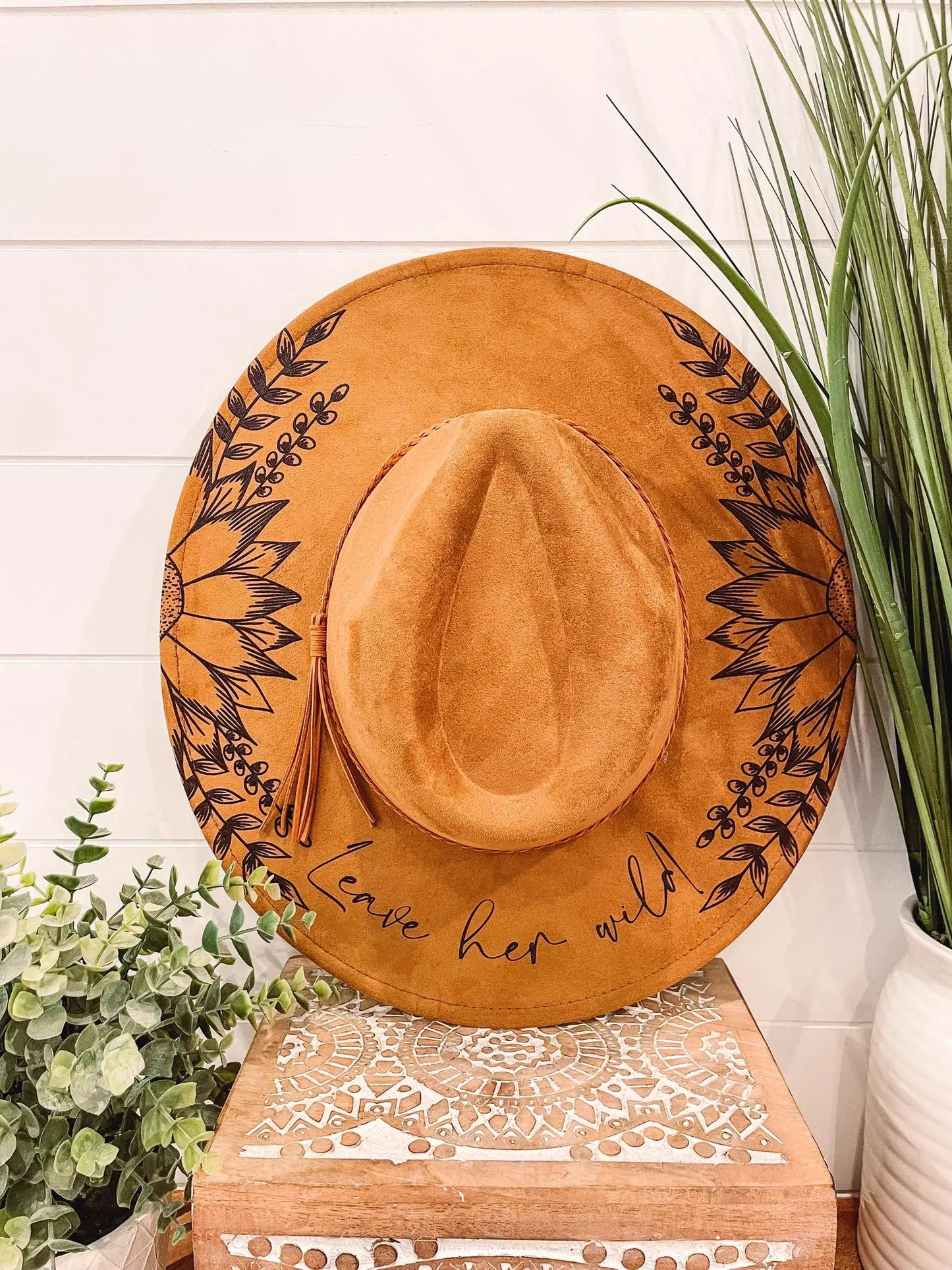 Leave Her Wild Engraved Floral Wide Brim Hat by Willie & Dolly Designs