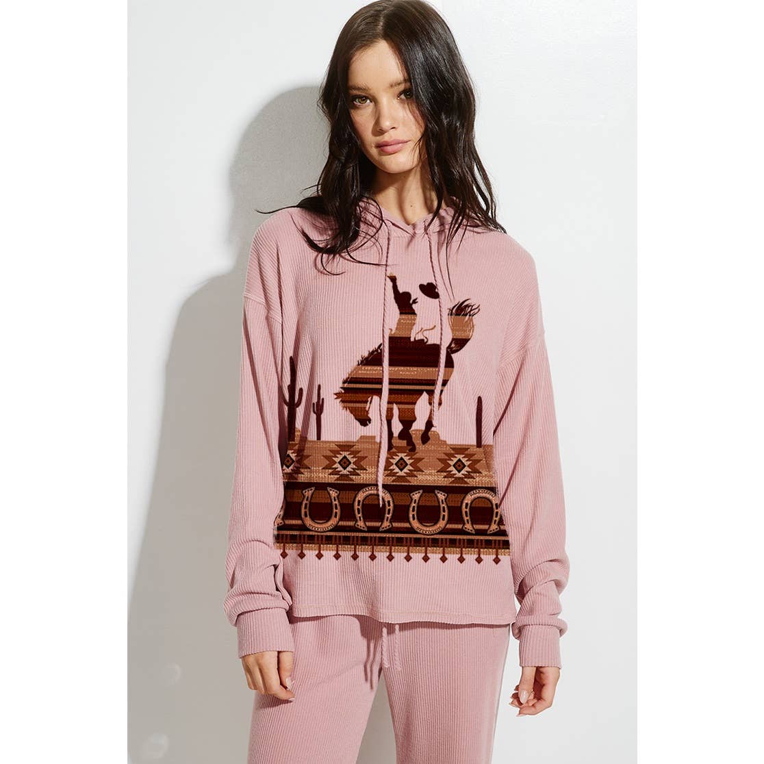 Western cowboy Print Rib Hoodie Loungewear Set