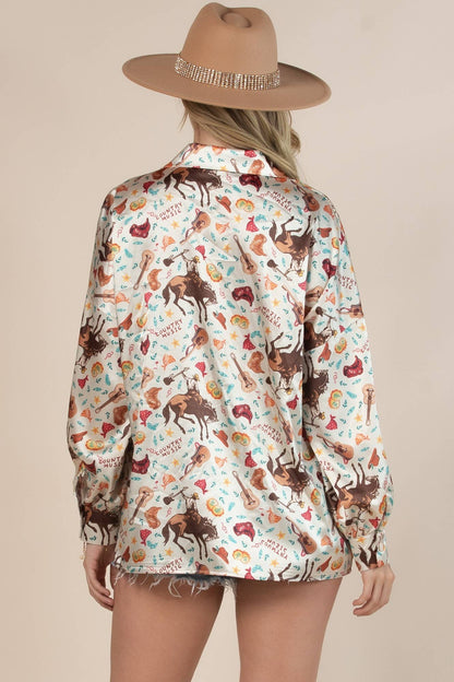 Satin Cowboy Print Luxe Button Down Top