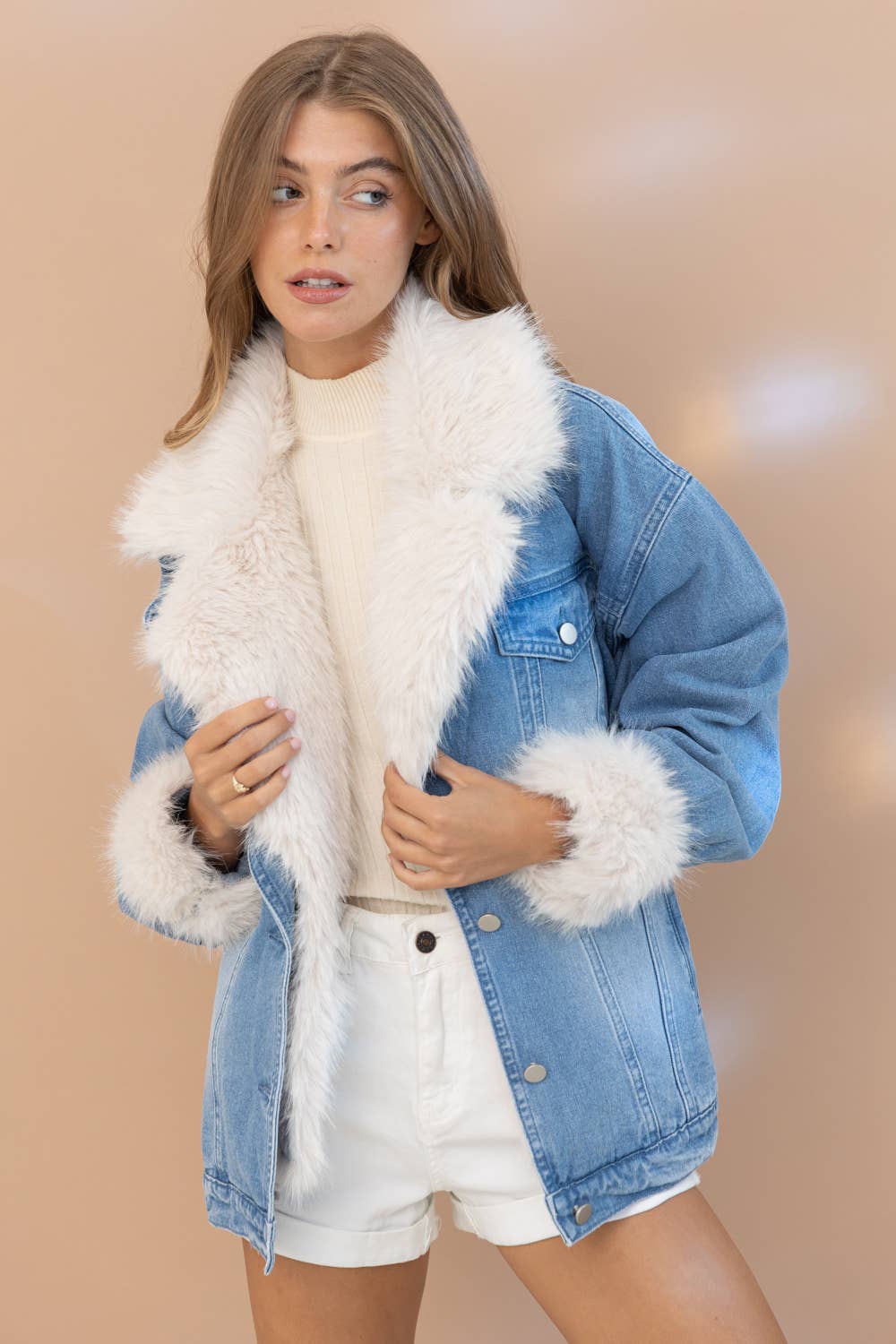 Lainey Fur Cuffed Luxe Denim Jacket