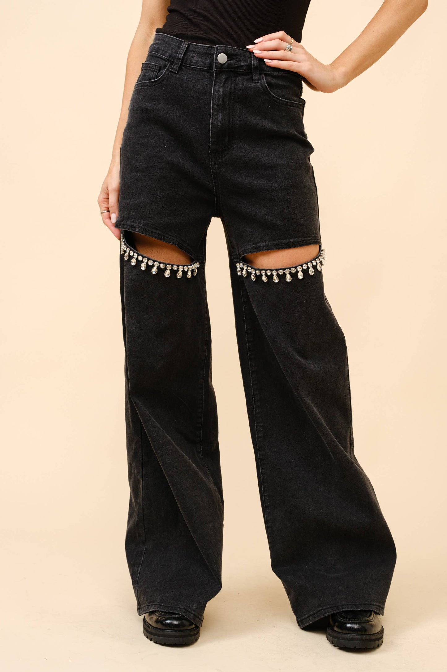 Mid Rise Crystal Peekaboo Denim Jeans