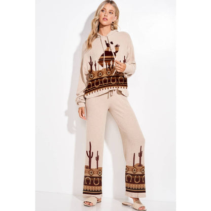 Western cowboy Print Rib Hoodie Loungewear Set