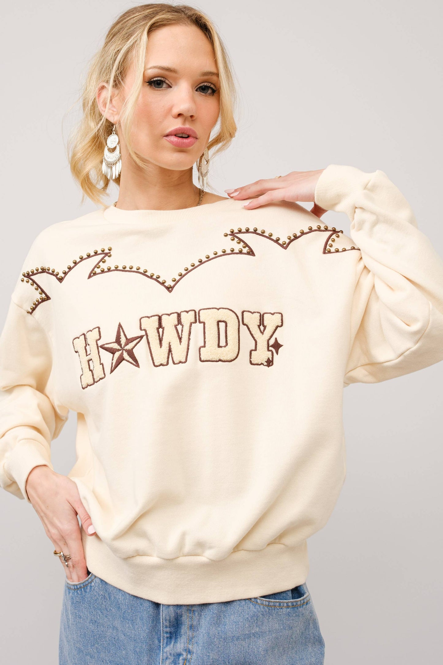 Howdy Studded Yoke Embroidered Sweatshirt