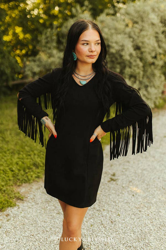 Black Suede Fringe Dress by Lucky and Blessed