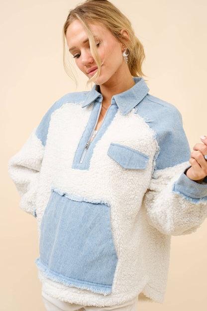 The Teddy Denim Mix Zip Up Pullover