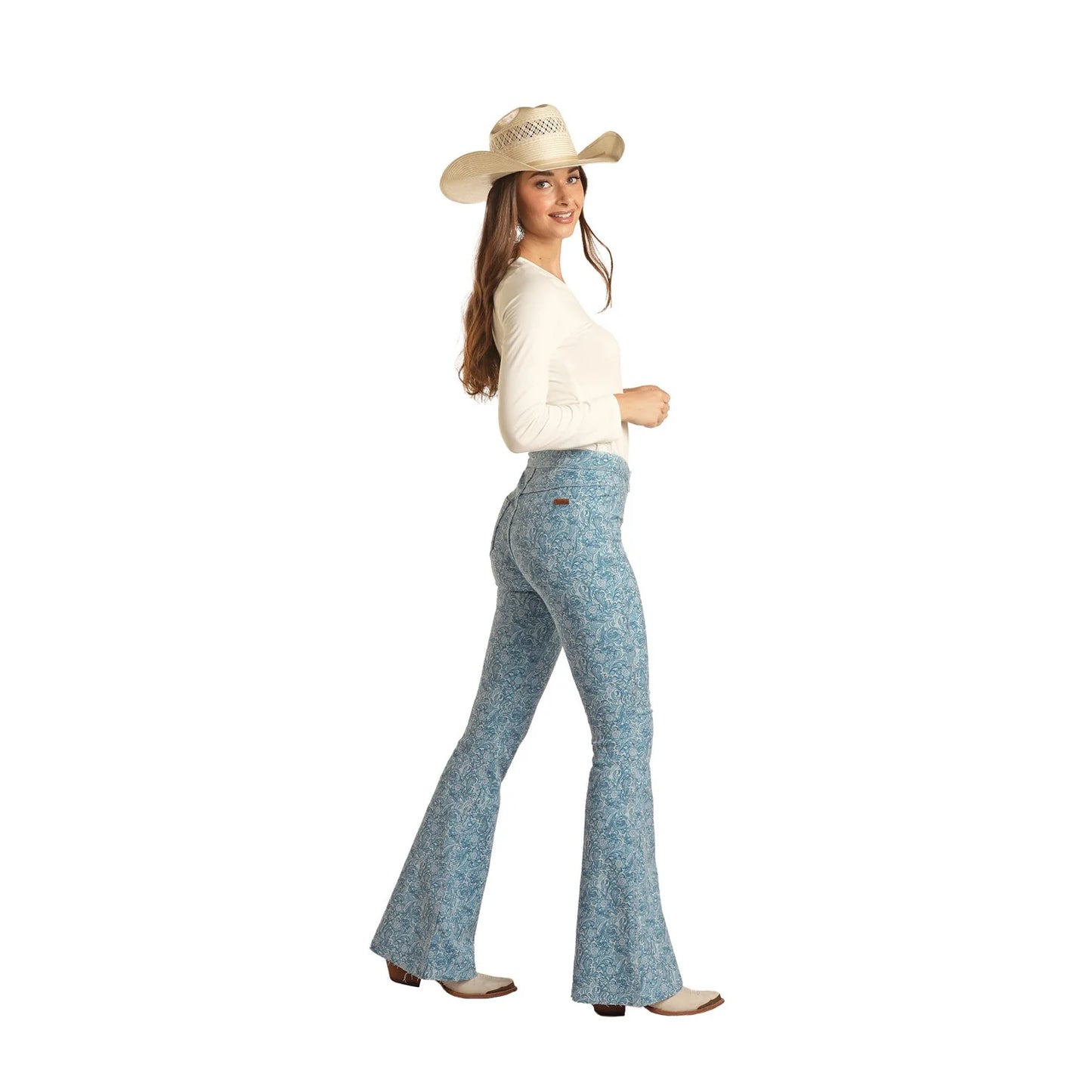 Rock & Roll Women's Reversible Tooled Button Flare Jeans - Powder Blue