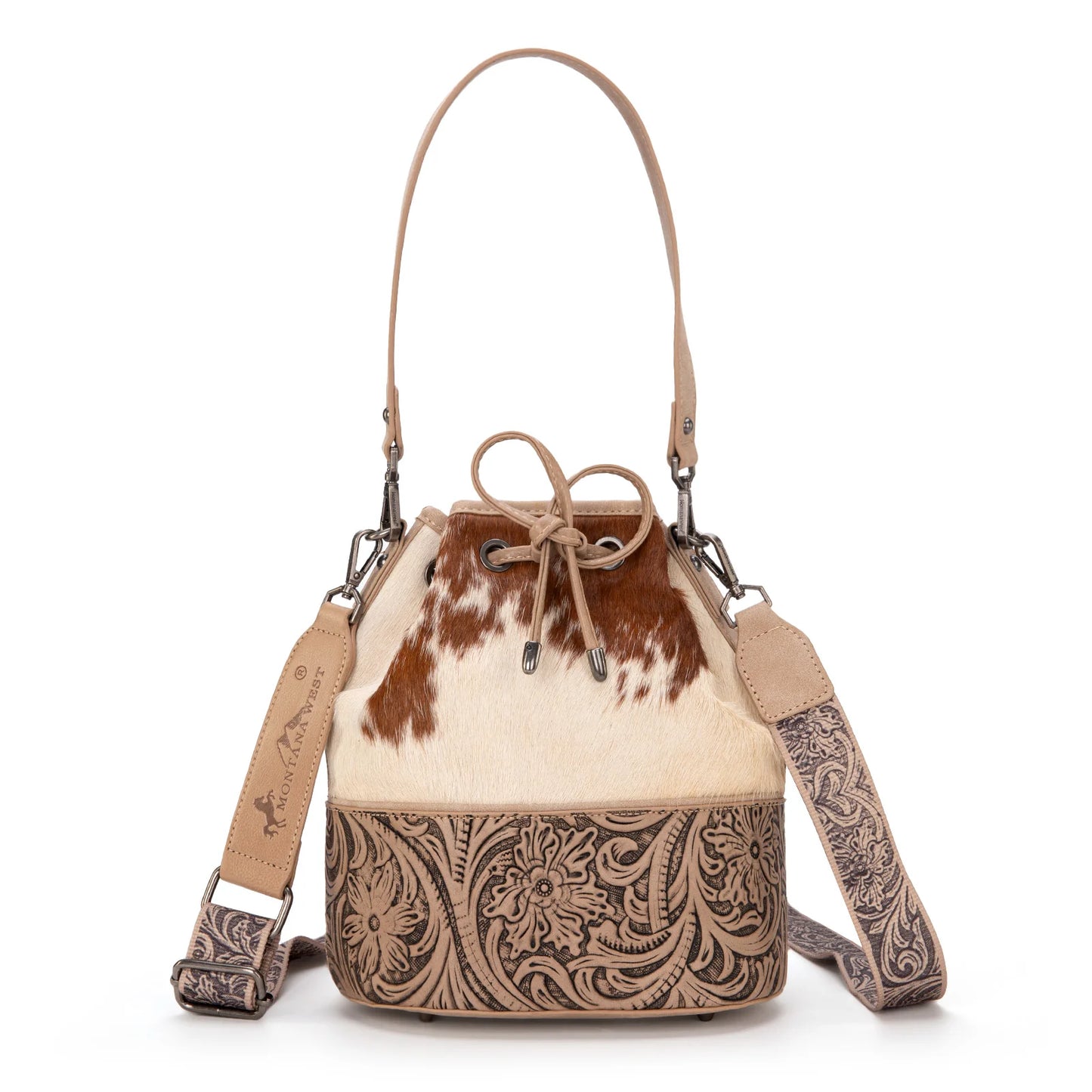 Montana West Cowhide Tooled Bucket Shoulder/Crossbody Bag - Tan