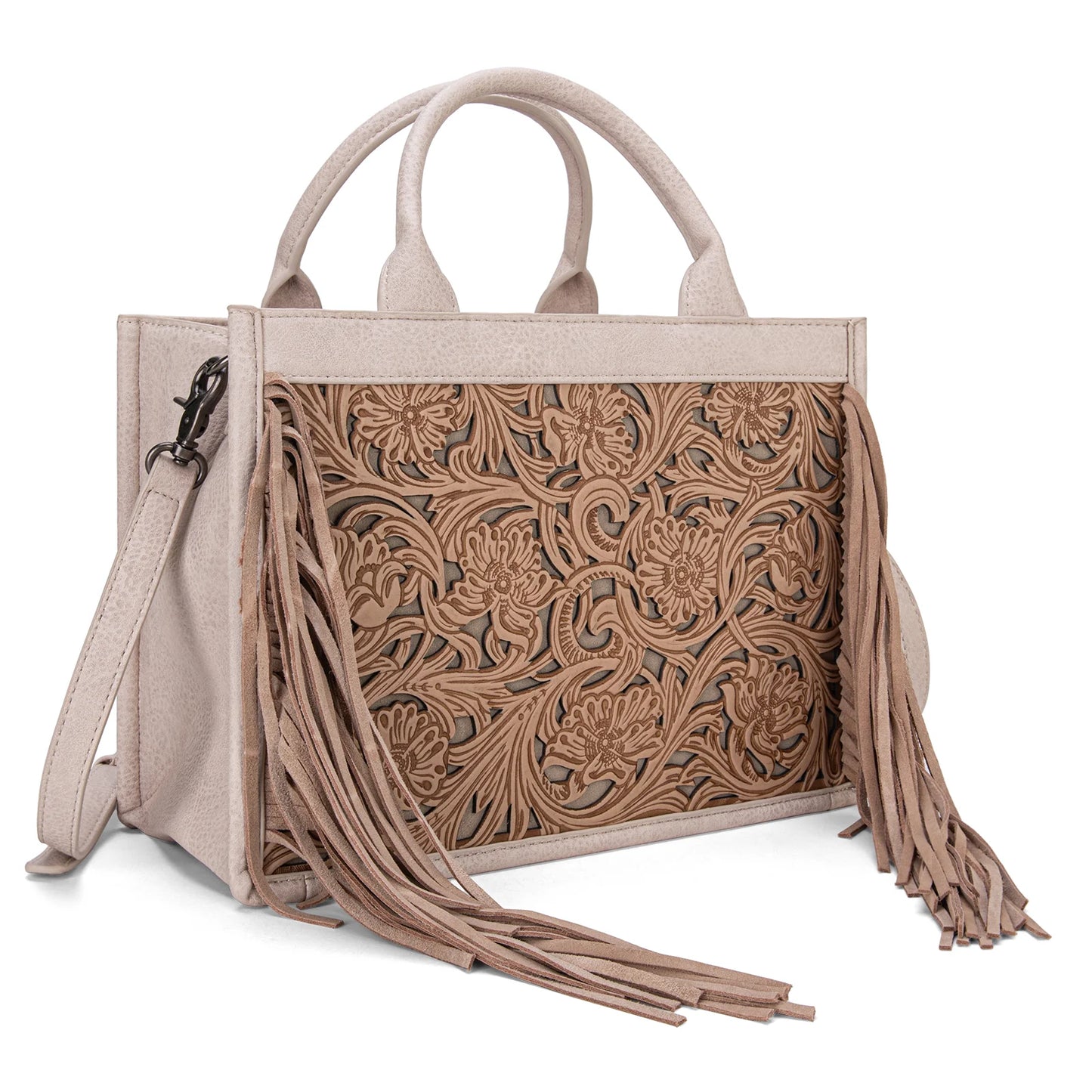 Trinity Ranch Floral Tooled Fringe Concealed Carry Tote/Crossbody