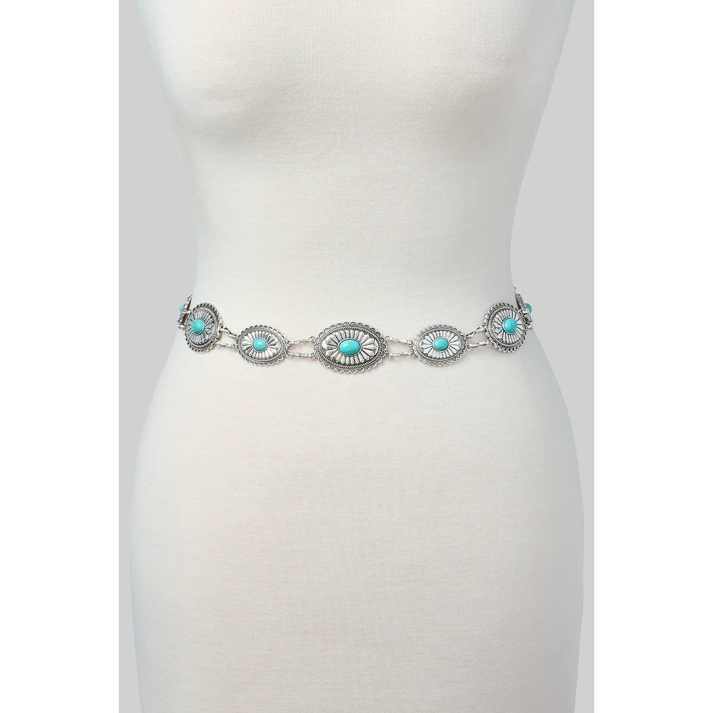 Turquoise Silver Western Concho Chain Belt