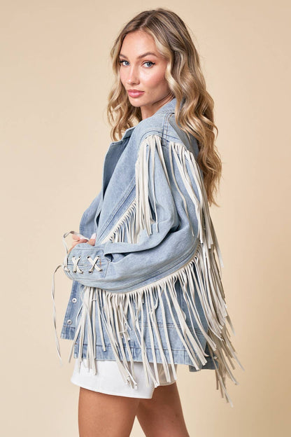 Light Wash Fringed Thick Denim Oversized Jacket