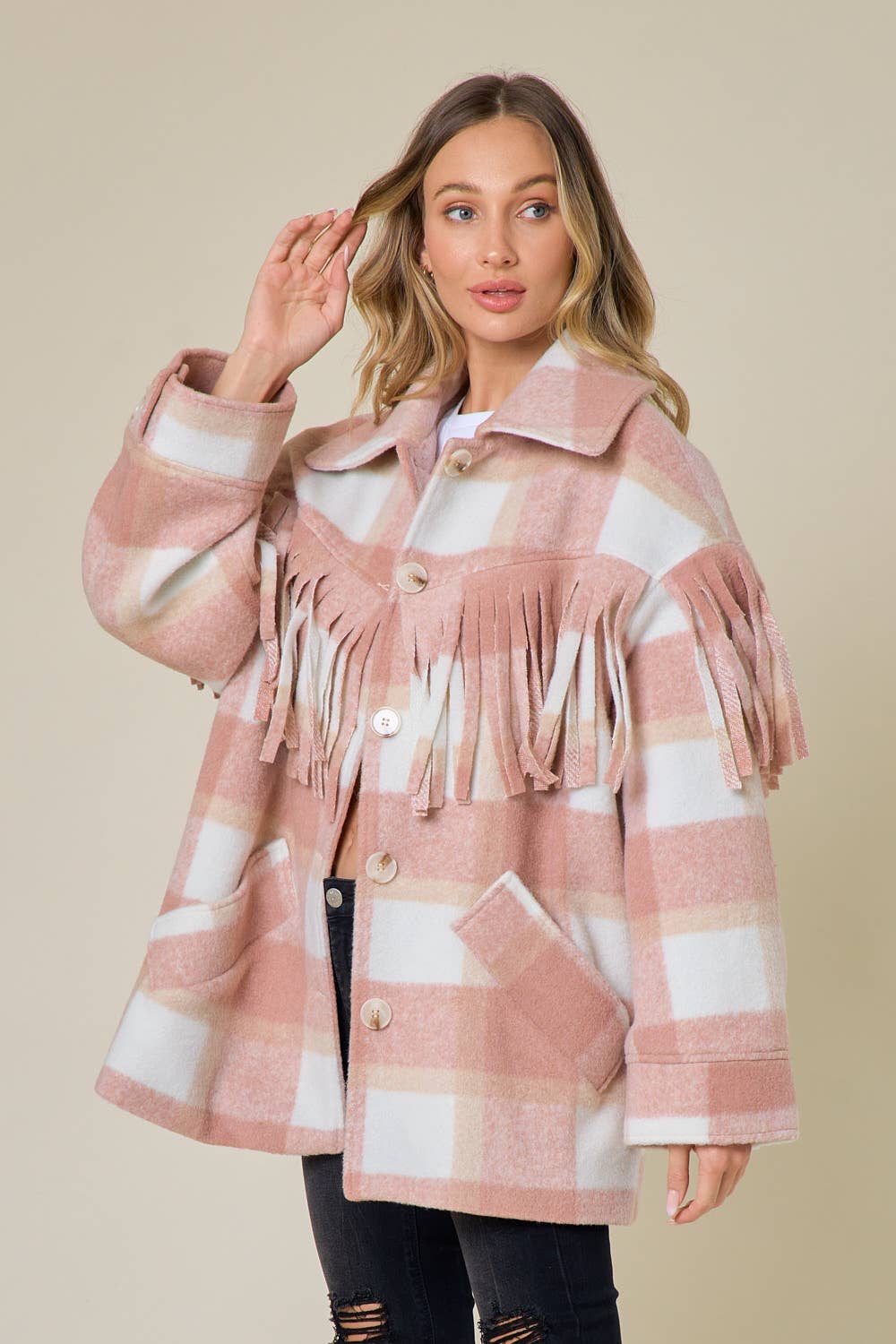 Blush Thick Plaid Fringe Shacket