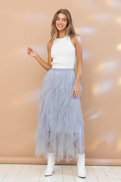 Swiss Dot Tulle Mesh Ruffle Maxi Skirt