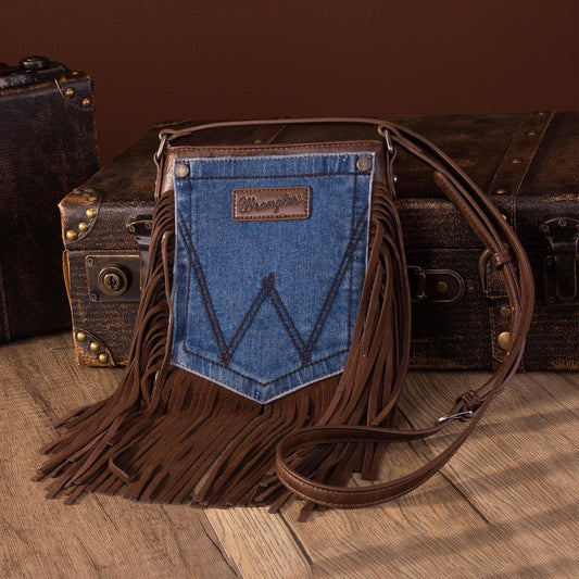 Montana West - Wrangler Leather Fringe Denim Pocket Crossbody