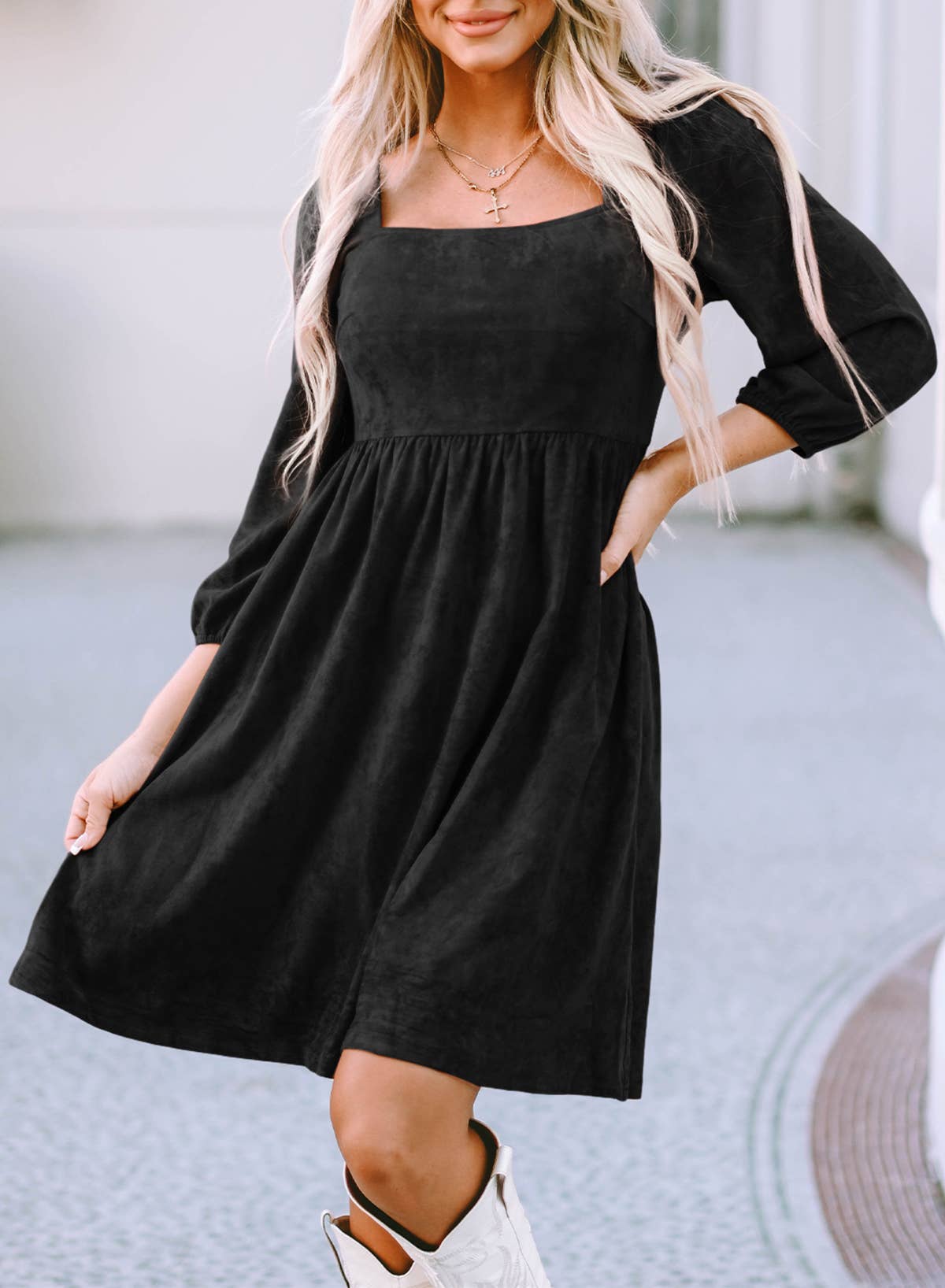 Suede Square Neck Puff Sleeve Dress