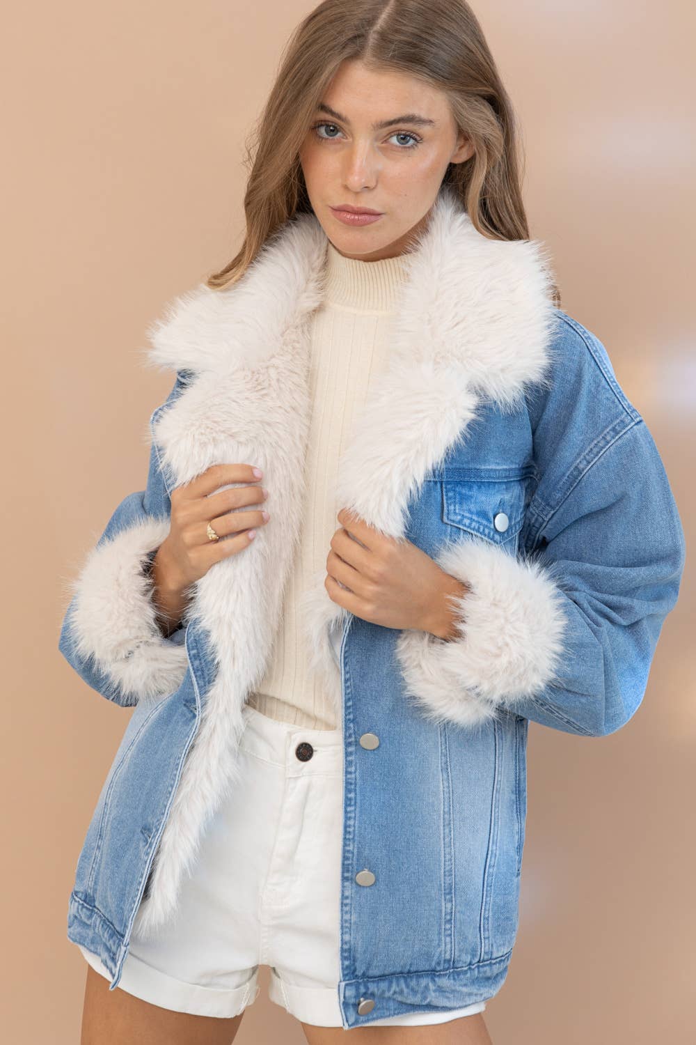 Lainey Fur Cuffed Luxe Denim Jacket