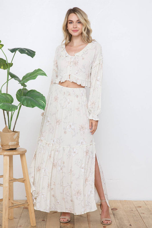 The Victoria Floral Spring Ruffle Slit Maxi Set