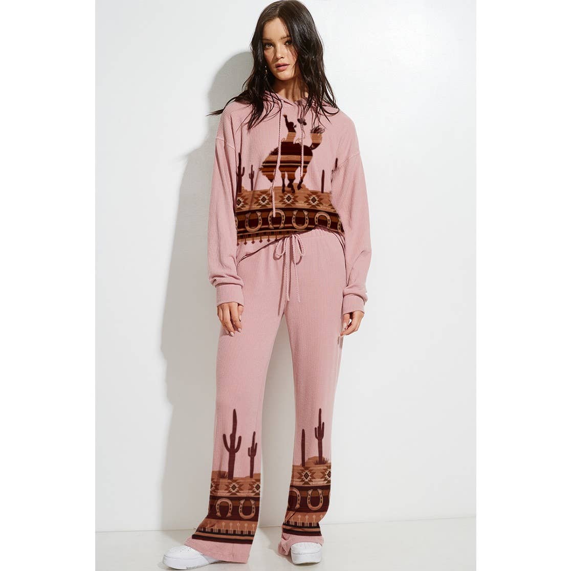 Western cowboy Print Rib Hoodie Loungewear Set