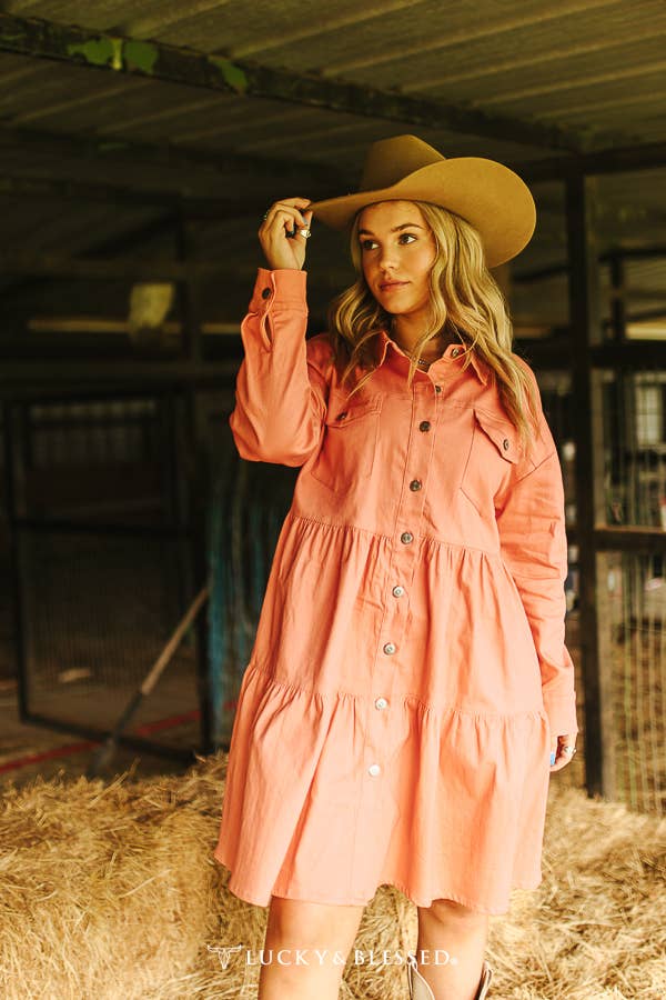 LUCKY & BLESSED - Peach Denim Button Down layered Dress