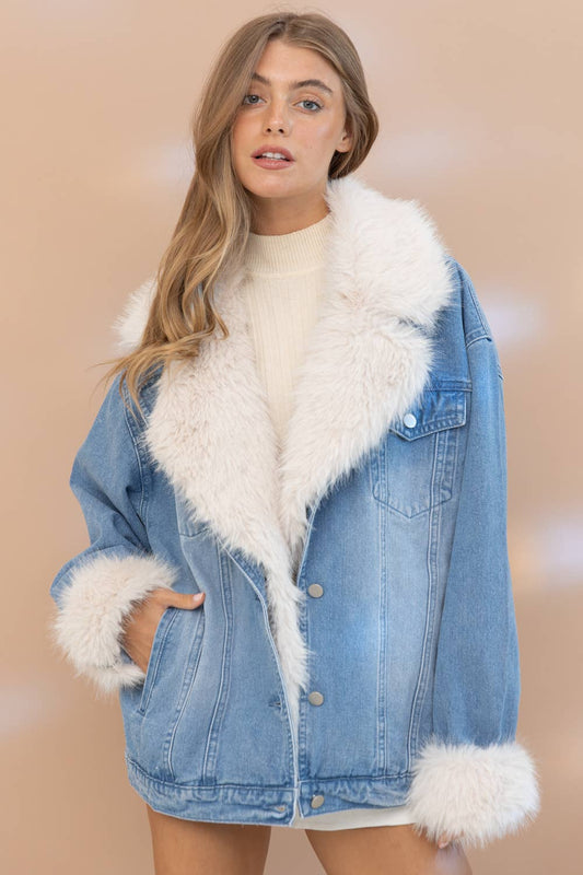 Lainey Fur Cuffed Luxe Denim Jacket