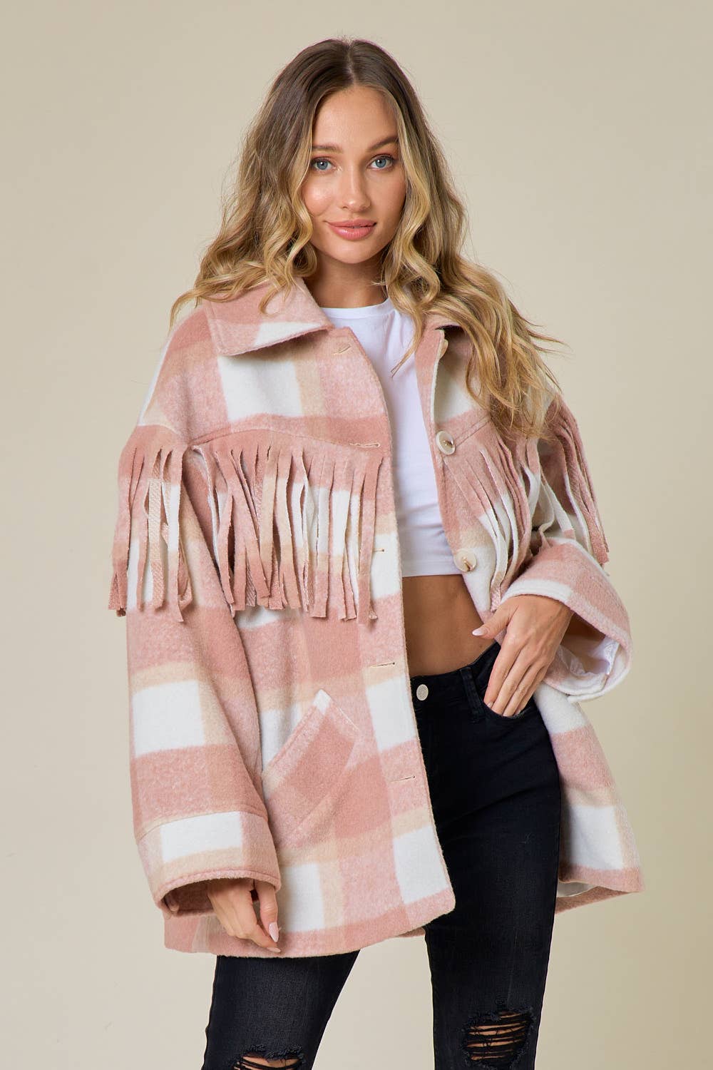 Blush Thick Plaid Fringe Shacket