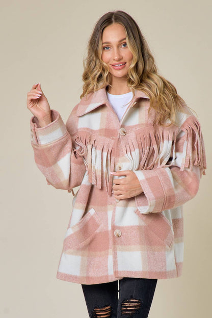 Blush Thick Plaid Fringe Shacket