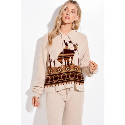 Western cowboy Print Rib Hoodie Loungewear Set