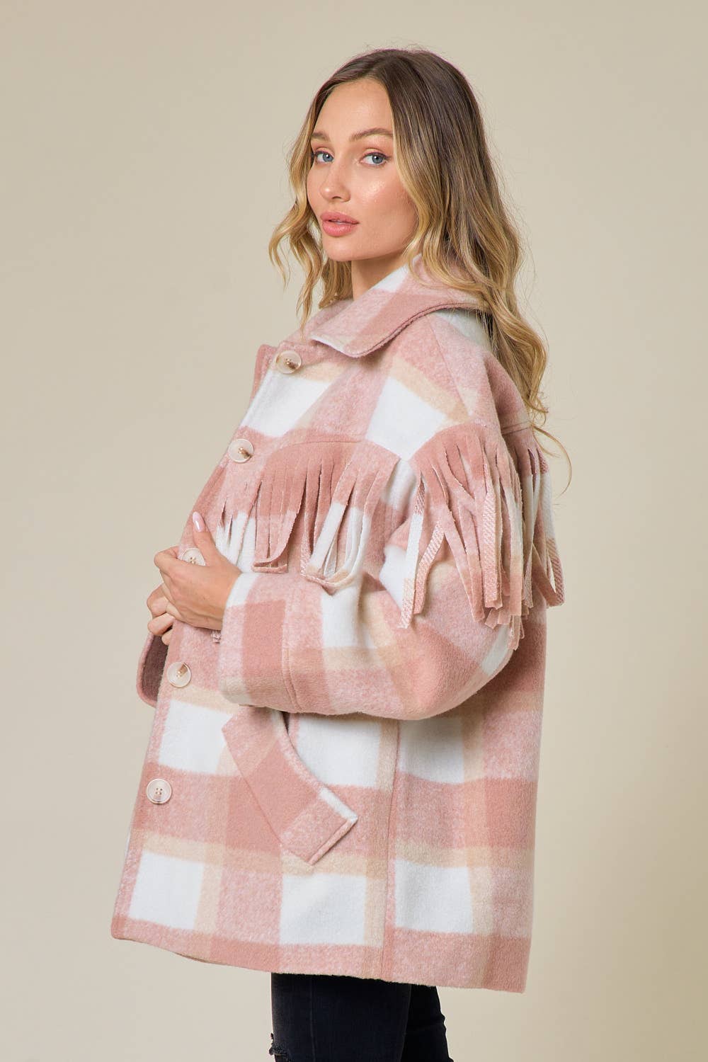 Blush Thick Plaid Fringe Shacket