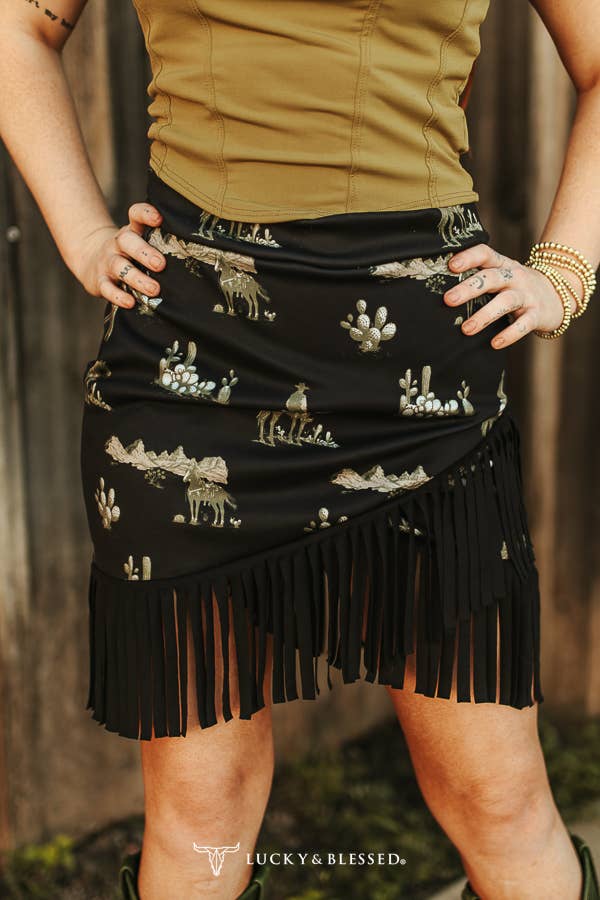 LUCKY & BLESSED - Black Western Cowboy Desert Printed Wrap Fringe Skirt