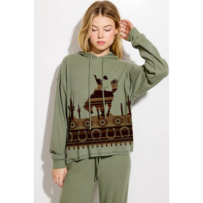 Western cowboy Print Rib Hoodie Loungewear Set